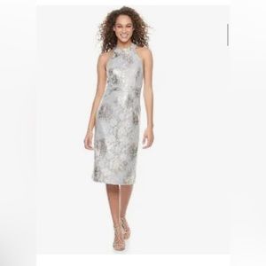 Scarlett Women Metallic Foil Lace Halter Dress Size 16 Silver/Gold